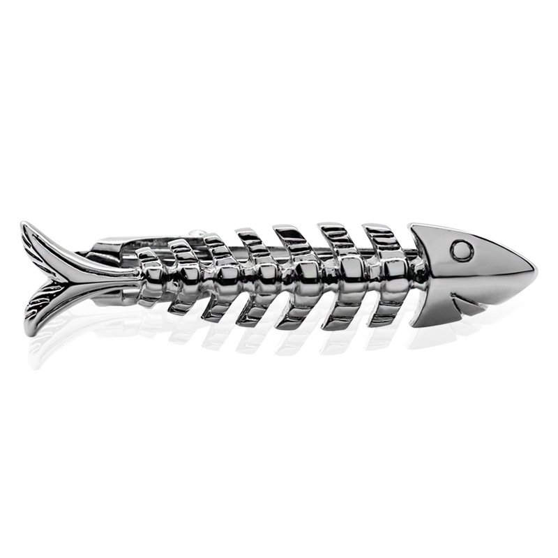Men’s tie clip set for regular skinny ties-Silver fish bone - Image 1